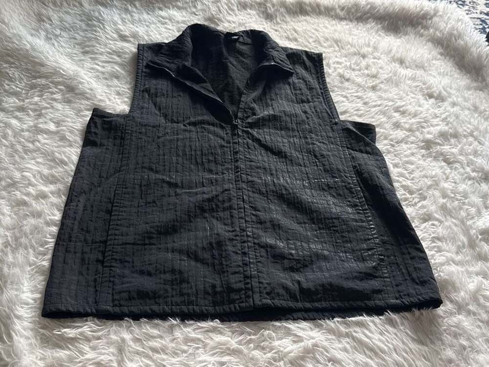 Eileen Fisher‎ Black Italian Fabric Textured Full Zip Sleeveless Vest Top